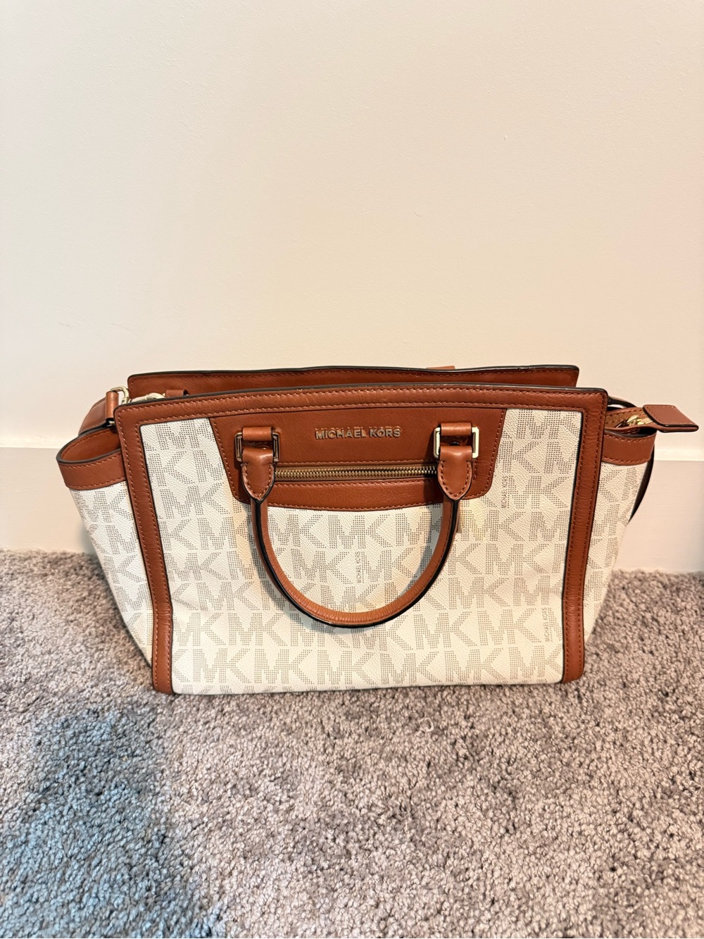 Michael Kors Cream and Brown Monogram Satchel